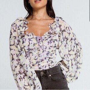 Free People Mable Blouse Purple Yellow Floral Printed Smocked Ruched Large